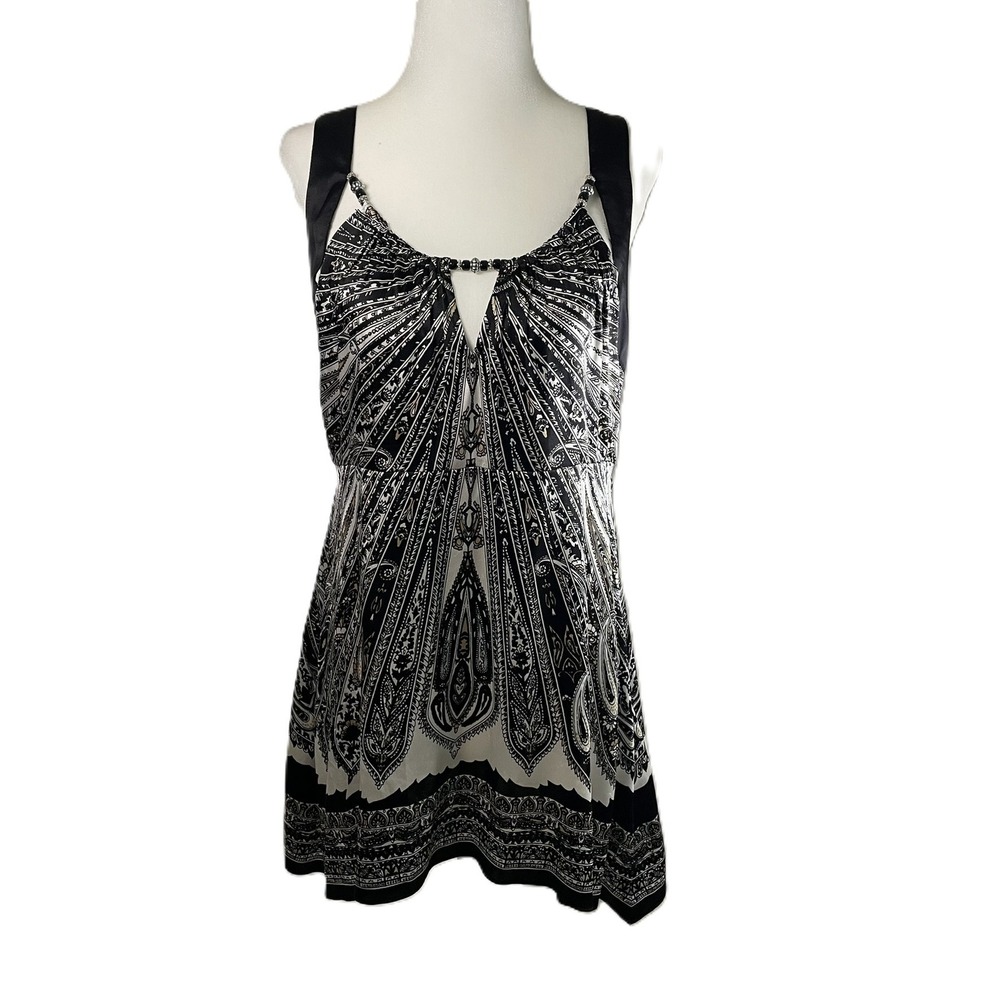 Cache Silk Black & White Paisley Print Sleeveless‎ Top Beaded Neckline Size M